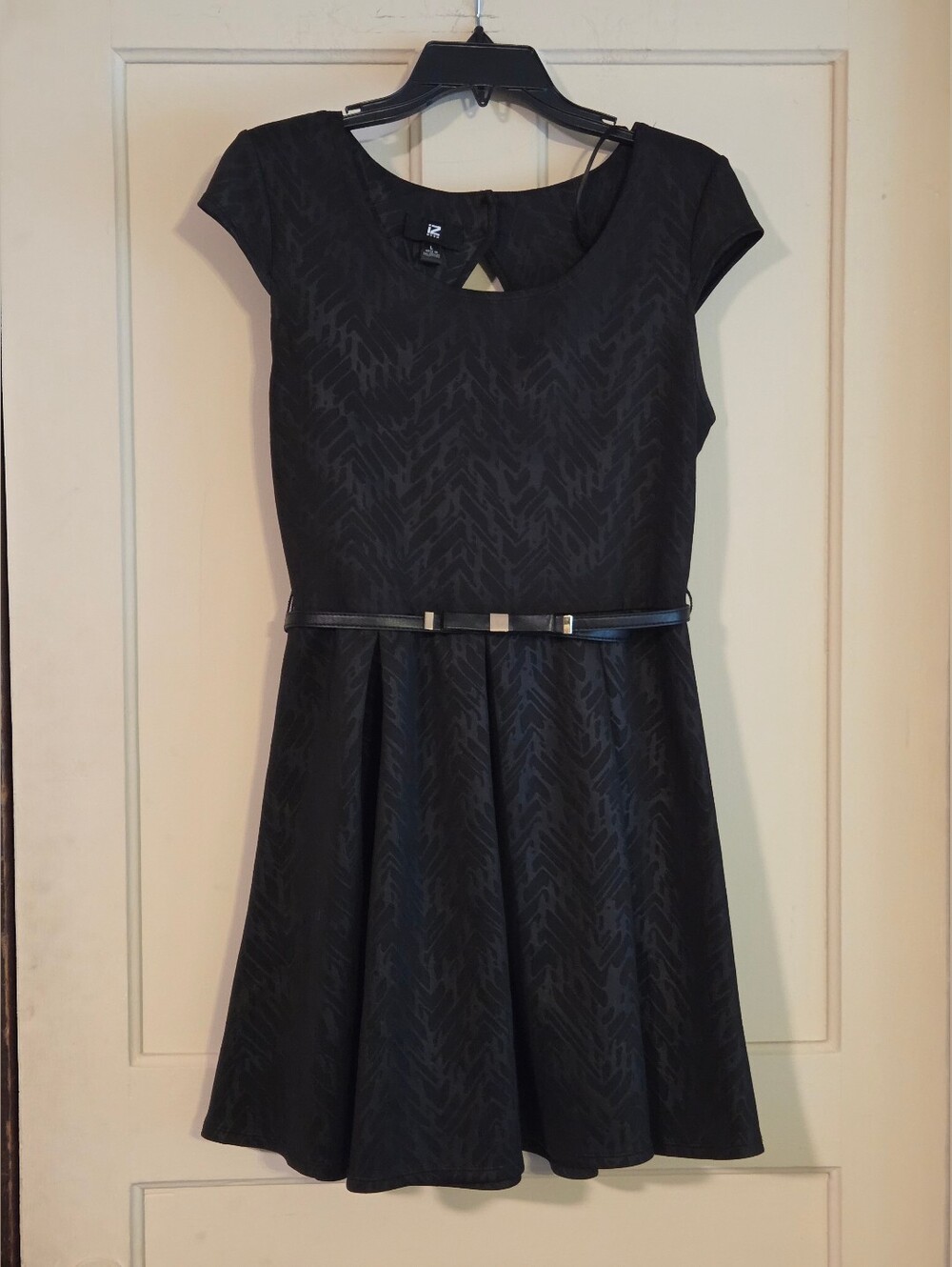 Iz Byer Black Fit-and-Flare Dress with Slim Belt, Large